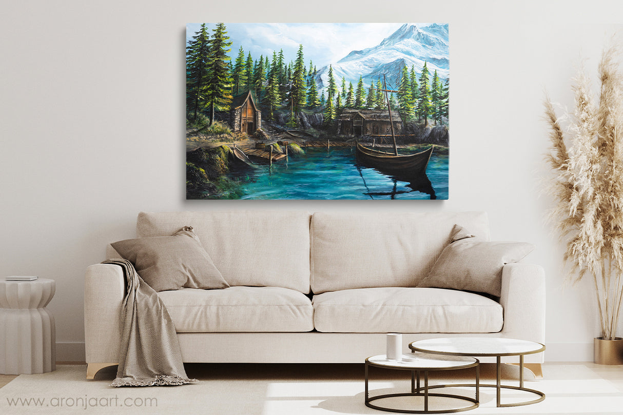 Skellige Village (Print) Aronja-Art gaming inspired hand-painted fantasy art art print with blue river and boats