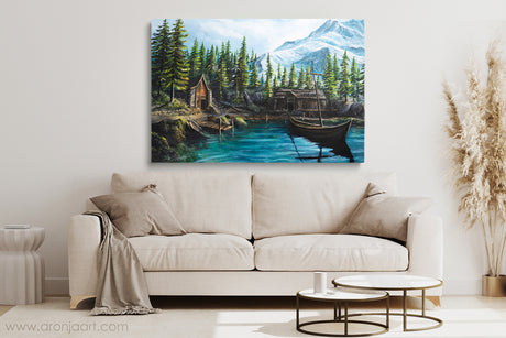 Skellige Village (Print) Aronja-Art gaming inspired hand-painted fantasy art art print with blue river and boats
