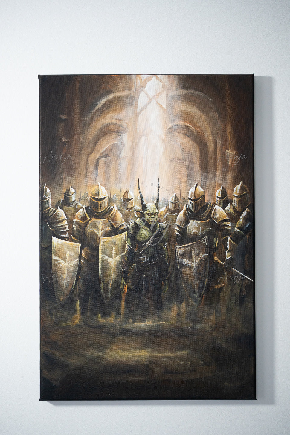 SORCERY Gothic Original Painting "Swap" - 60x40cm / Acrylics depicts a hand-painted fantasy scene with armored knights and a central horned creature in a mystical, ethereal cathedral setting, showcasing traditional fine art inspired by gaming culture and mythical landscapes.