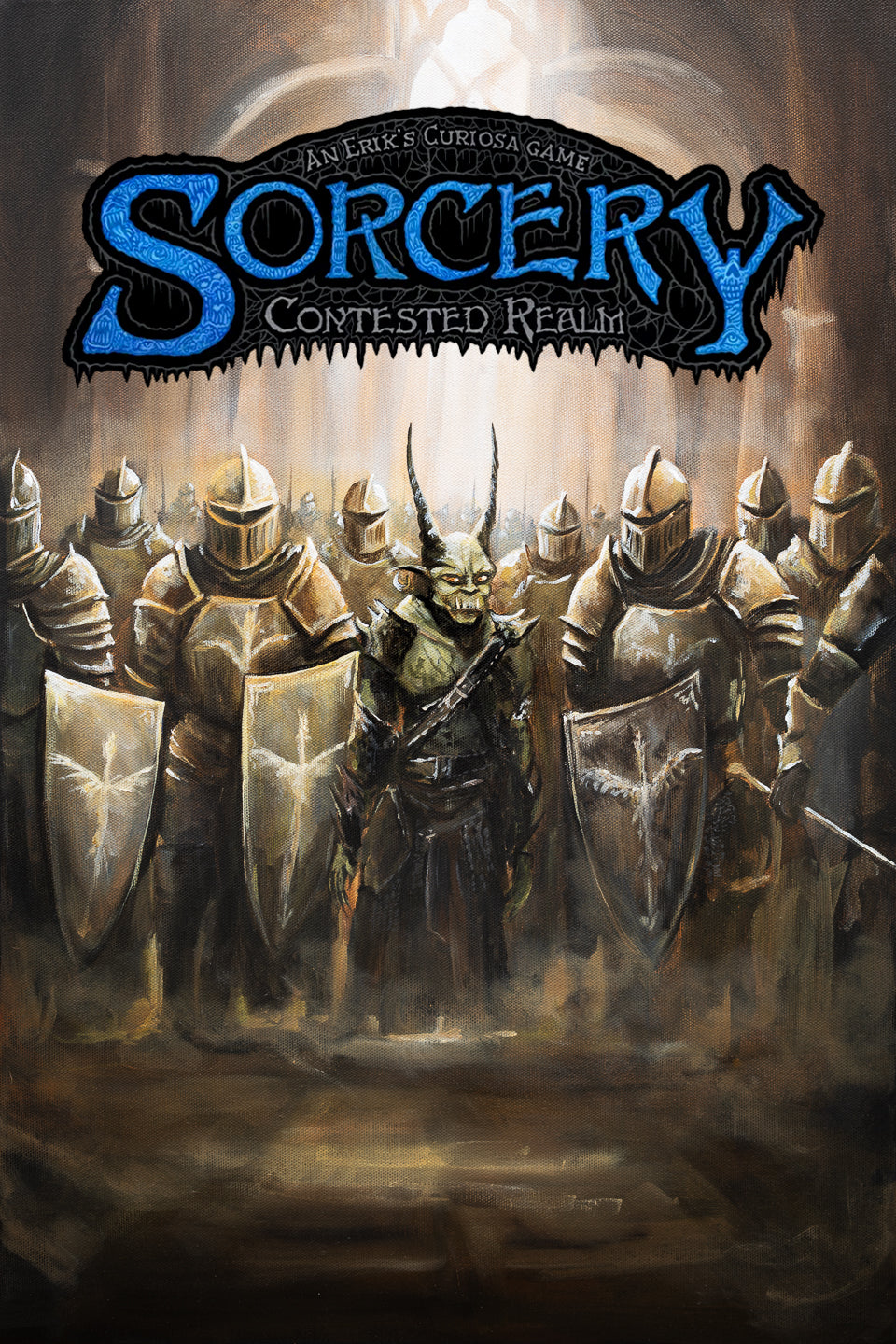 SORCERY Gothic Original Painting "Swap" - 60x40cm / Acrylics depicts a hand-painted fantasy scene with a horned creature standing before armored knights, blending traditional art and gaming culture.