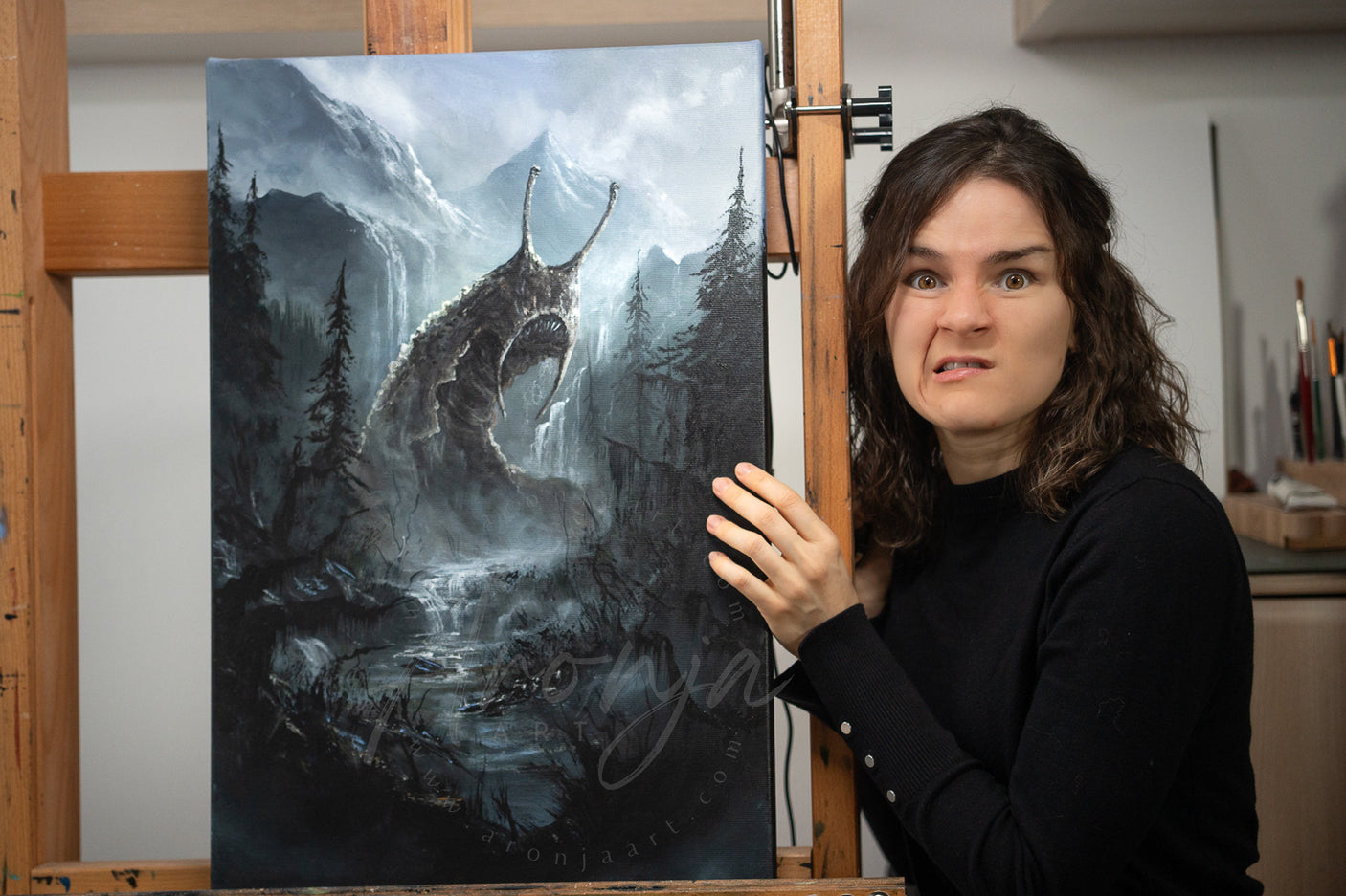 SORCERY Gothic Original Painting "Ten Ton Slug" - 60x40cm / Acrylics by a fantasy artist, hand-painted with acrylics, depicting a dark mythical slug creature in a misty forest landscape, inspired by gaming art and traditional fine art. Fantasy Landscapes, Dragons, Creatures and gaming art.