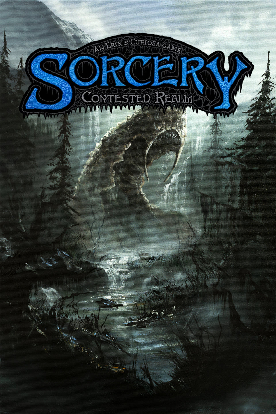 SORCERY Gothic Original Painting "Ten Ton Slug" - 60x40cm / Acrylics depicting a haunting fantasy landscape with a colossal slug-like creature emerging from misty, dark forest waters, hand-painted by a fantasy artist, capturing mythical landscapes and gaming art.