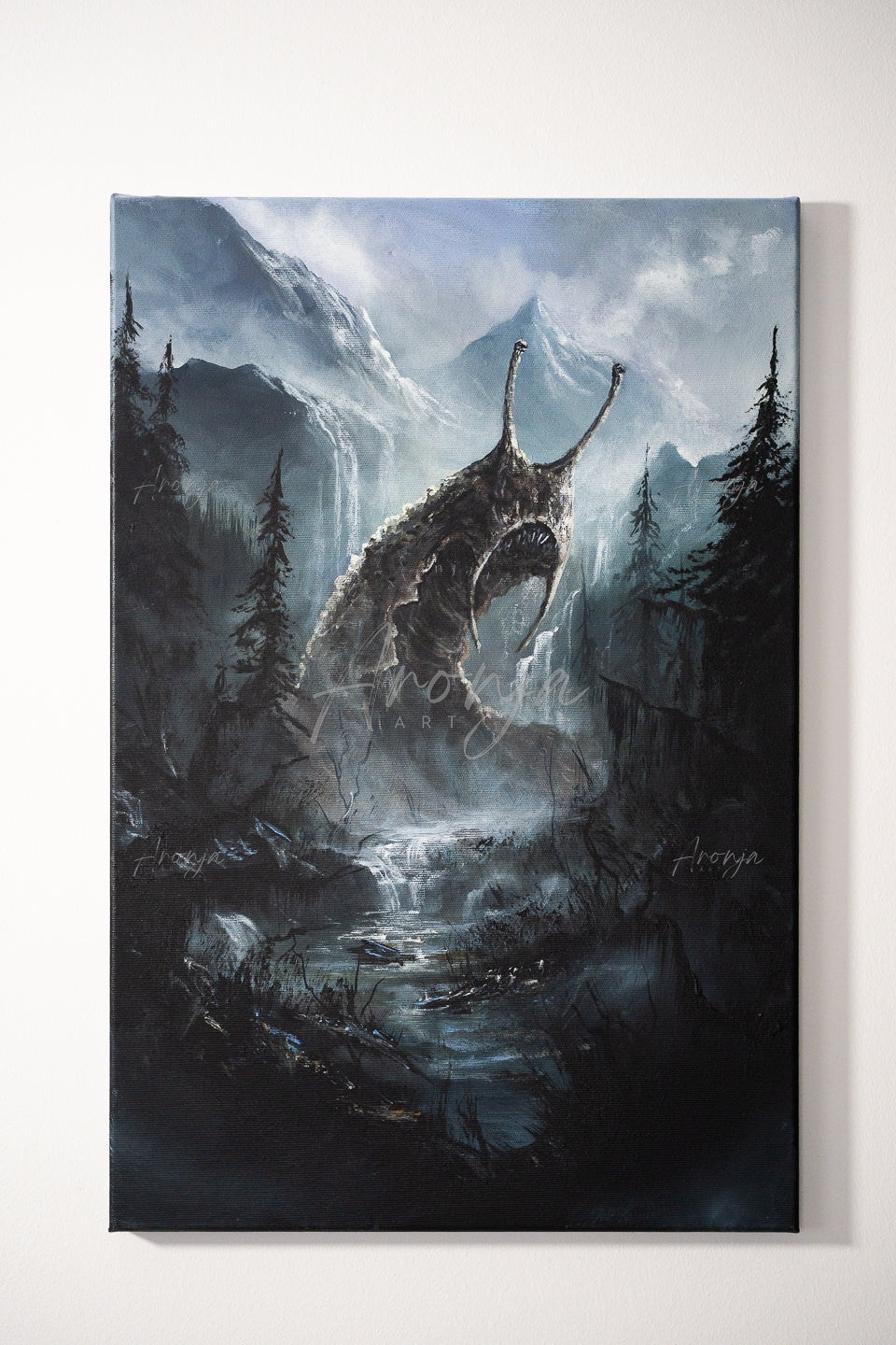 SORCERY Gothic Original Painting "Ten Ton Slug" - 60x40cm / Acrylics depicting a dark fantasy landscape with a giant slug creature emerging amidst misty mountains and pine trees, hand-painted by a fantasy artist. Fantasy Landscapes, Dragons, Creatures and gaming art.