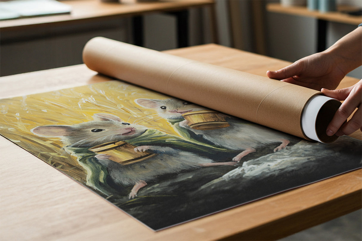 Tiny Pints - (Print) yellow and gray mouse art print on fine art paper, rolled on a table