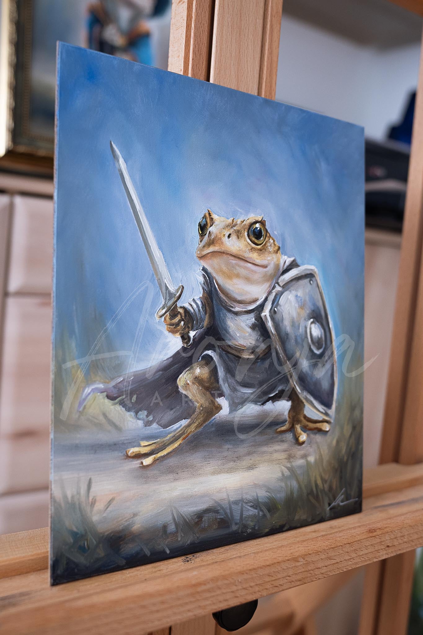 Toad Warrior - oil painting features a brave anthropomorphic toad clad in armor wielding a sword and shield, showcasing fantasy and gaming art inspired by Lord of the Rings and nature.