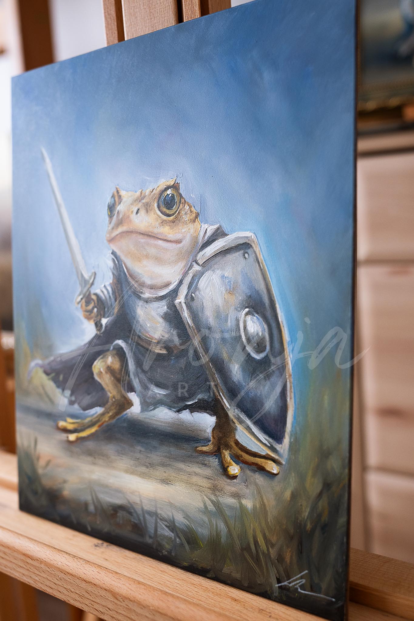 Toad Warrior - oil painting features a hand-painted fantasy animal art of a brave toad dressed as a warrior holding a sword and shield, inspired by gaming art and mythical landscapes.
