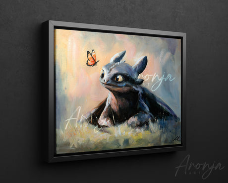 Toothless - Print by Aronja-Art fantasy art art print in a framed traditional painting with blue-gray tones