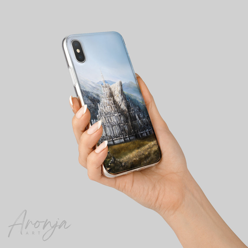 Phone Case - White City Aronja-Art phone case in clear blue-white city artwork with castle mountain scene