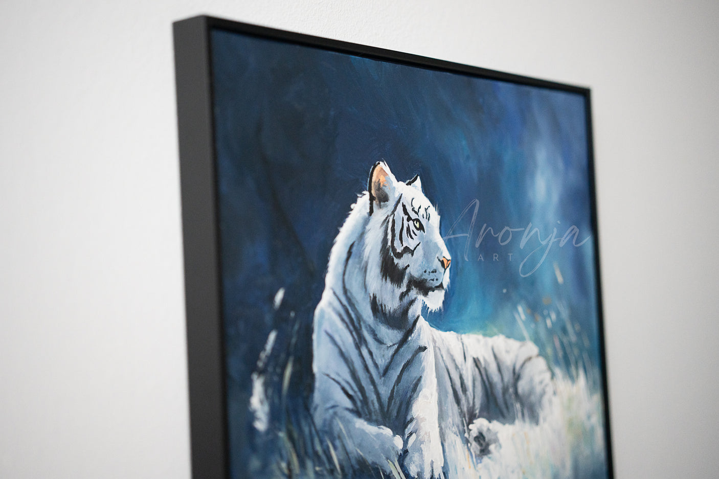 White Tiger - Framed Acrylicpainting featuring a hand-painted white tiger in a fantasy-inspired nature scene, created with high-quality acrylic paints by a fantasy artist.