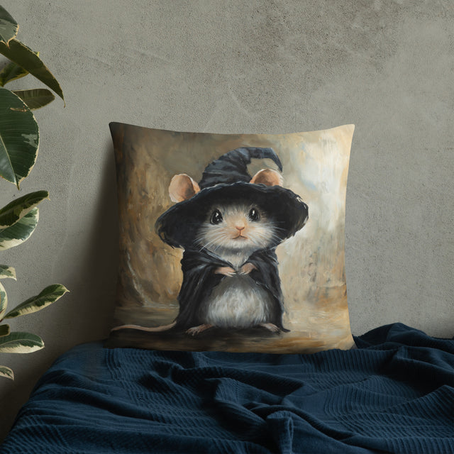 Mouse Wizard - Pillow featuring a charming hand-painted fantasy art mouse dressed as a wizard with a hat and cloak, blending whimsical and mythical themes.