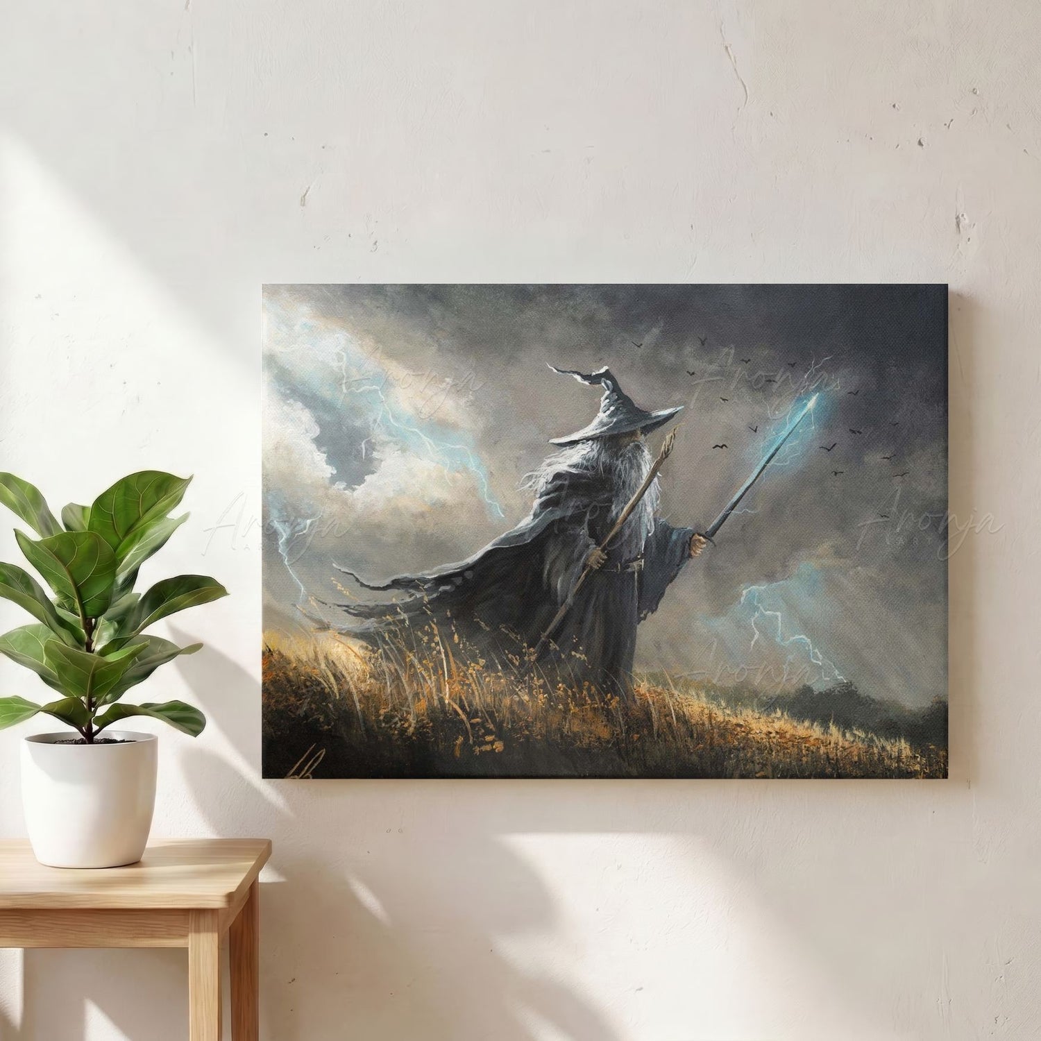 Wizard in the Field (Print) fantasy art art print with stormy blues, lightning and a wizard holding a staff