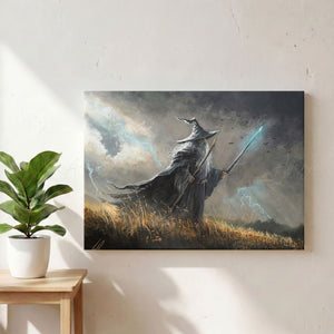 Wizard in the Field (Print) fantasy art art print with stormy blues, lightning and a wizard holding a staff