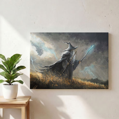 Wizard in the Field (Print) fantasy art art print with stormy blues, lightning and a wizard holding a staff