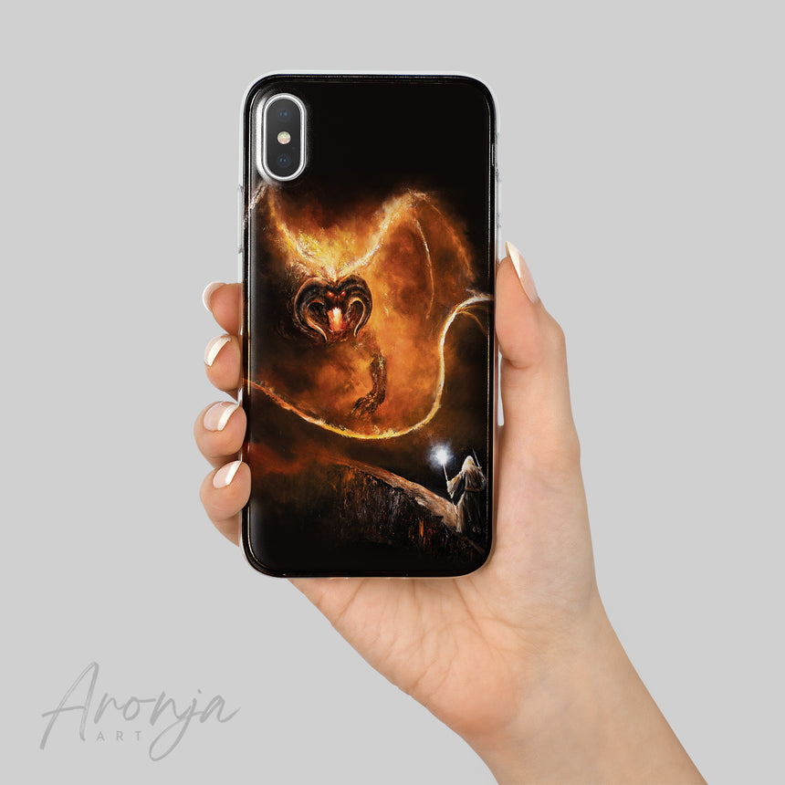 Flame Of Udun - Soft Phonecase by Aronja-Art, black case with fiery beast artwork — snug grip