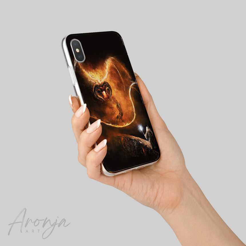 Flame Of Udun - Soft Phonecase for 200+ models by Aronja-Art, black phone case with fiery gold dragon art