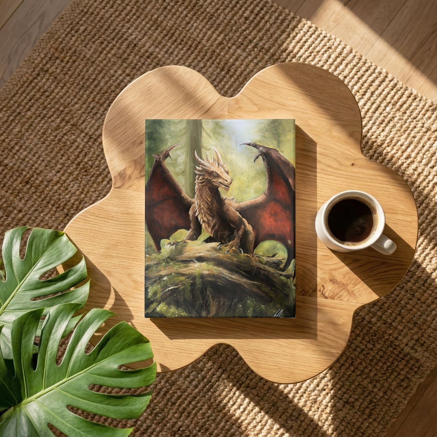 Young Forest Dragon - Print by Aronja-Art fantasy art dragon art print on wooden table with tea cup