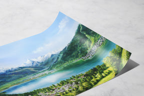 Curved fine art print showing a vibrant landscape with lush green forests, a winding river, and snowy mountain peaks by an Austrian artist in the Zell am See (Print) collection.