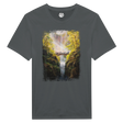 The Bridge T-shirt featuring a hand-painted fantasy art scene with a group of figures crossing a wooden bridge over a waterfall surrounded by lush autumn forest and mythical light.
