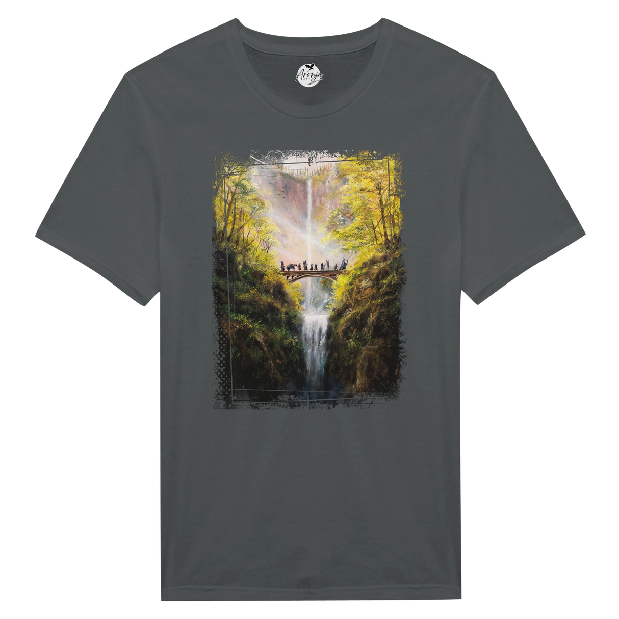 The Bridge T-shirt featuring a hand-painted fantasy art scene with a group of figures crossing a wooden bridge over a waterfall surrounded by lush autumn forest and mythical light.