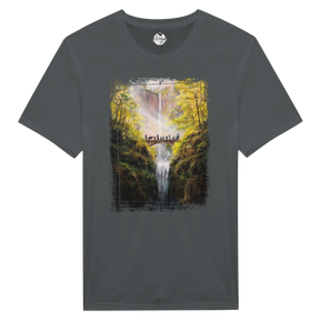 The Bridge T-shirt featuring a hand-painted fantasy art scene with a group of figures crossing a wooden bridge over a waterfall surrounded by lush autumn forest and mythical light.