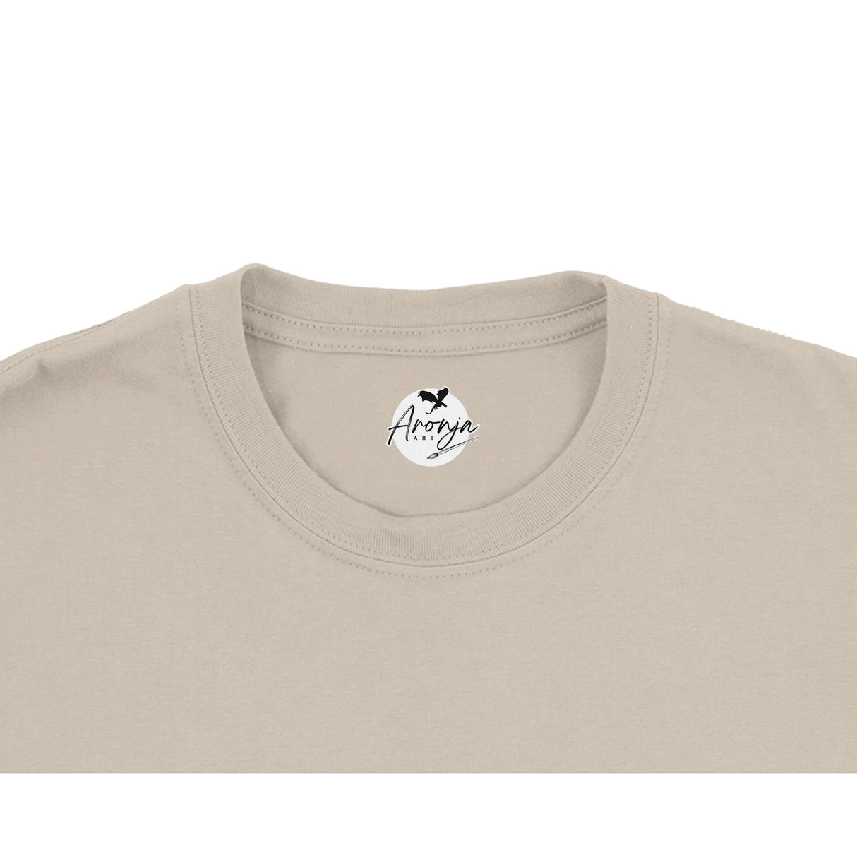 Close-up of the neckline on a beige Rift T-shirt featuring a simple round collar and a branded Aronja-Art label inside.