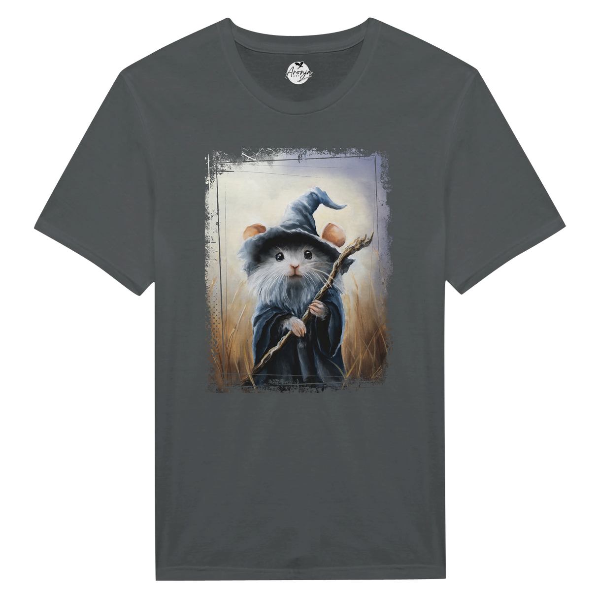 Mousedalf T-shirt featuring a fantasy art design of a mouse dressed as a wizard holding a staff, set against a mystical natural background.