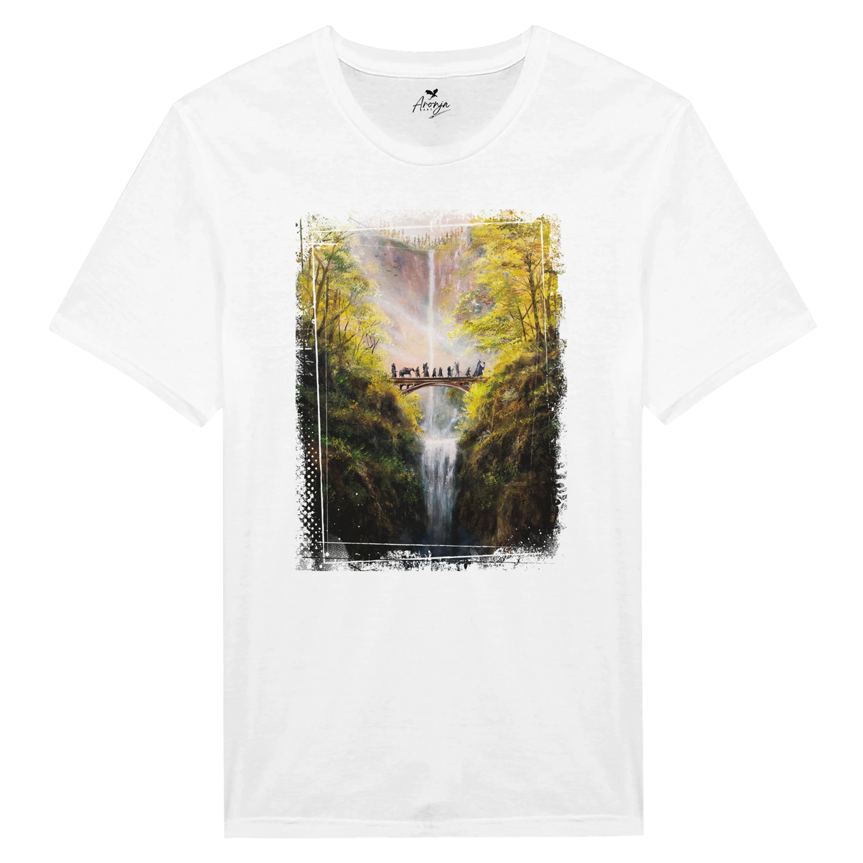 The Bridge T-shirt featuring a hand-painted fantasy landscape with a wooden bridge over a waterfall, surrounded by lush trees and vibrant autumn colors.