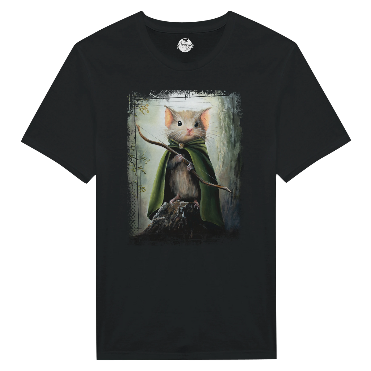 Legomouse T-shirt featuring fantasy art of a small mouse dressed as an archer with a green cloak, standing on a rock in a mythical forest setting.