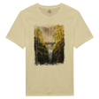 The Bridge T-shirt featuring a detailed fantasy art design of a group crossing a narrow bridge over a cascading waterfall surrounded by lush, vibrant autumn foliage.