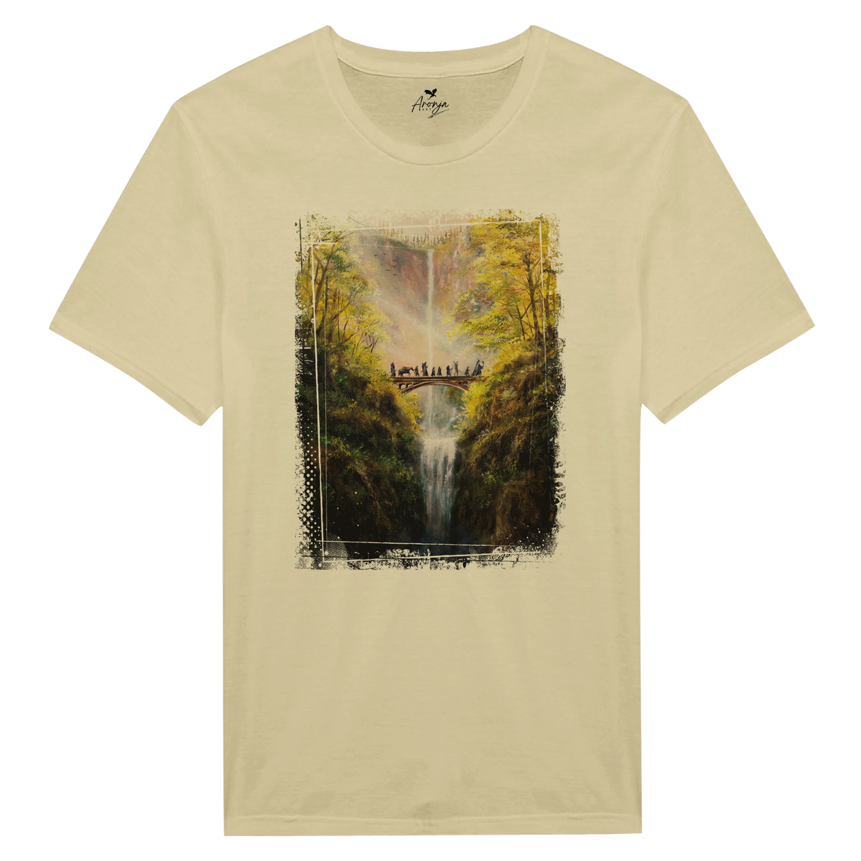 The Bridge T-shirt featuring a detailed fantasy art design of a group crossing a narrow bridge over a cascading waterfall surrounded by lush, vibrant autumn foliage.