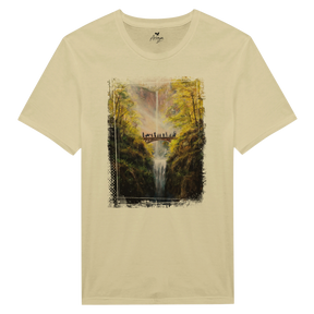 The Bridge T-shirt featuring a detailed fantasy art design of a group crossing a narrow bridge over a cascading waterfall surrounded by lush, vibrant autumn foliage.