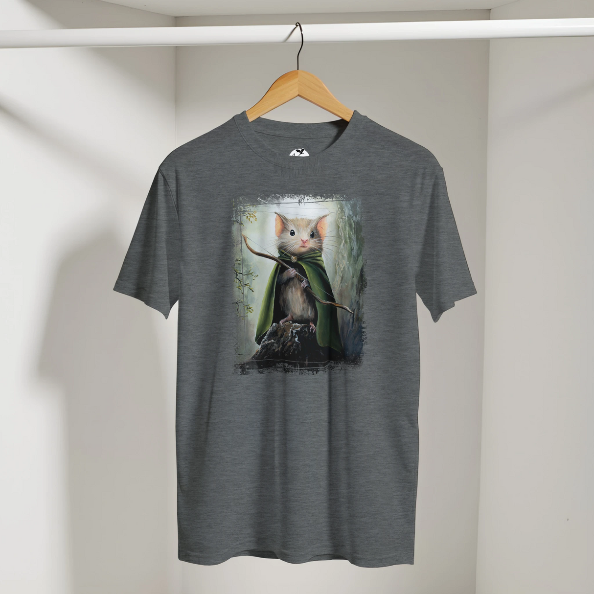 Legomouse T-shirt featuring a fantasy art design of a small mouse dressed as an archer with a bow and green cloak, inspired by mythical landscapes and wildlife themes.