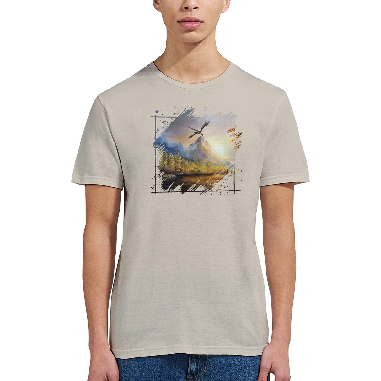 A beige Rift T-shirt featuring a fantasy art design with a dragon flying over a mythical landscape of mountains and forests in warm, hand-painted colors.