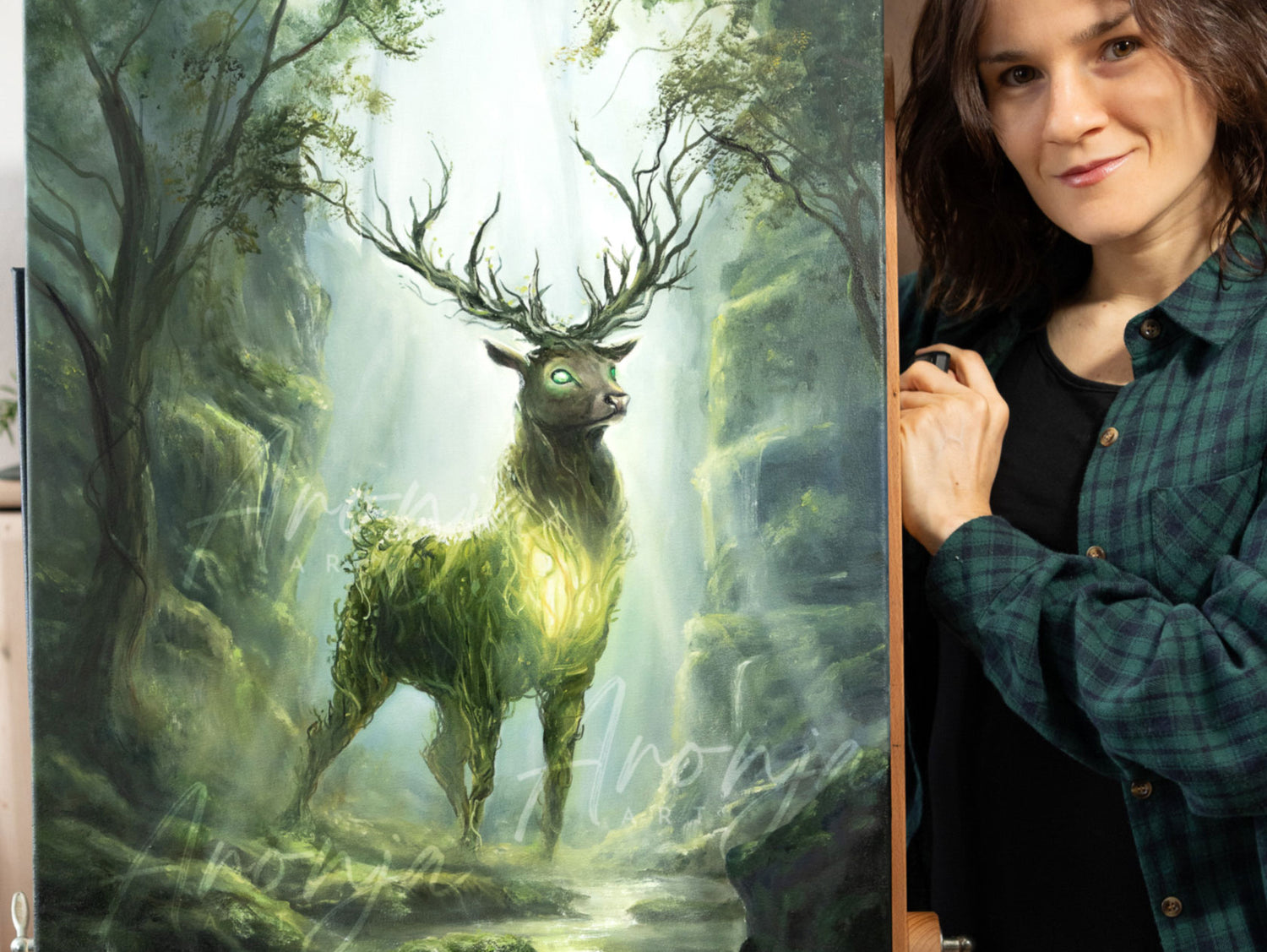 A fantasy scene featuring the King Of The Forest - Original Oil Painting, depicting a majestic glowing stag made of foliage in a mystical woodland, showcasing a fantasy artist’s hand-painted style inspired by nature and gaming art.