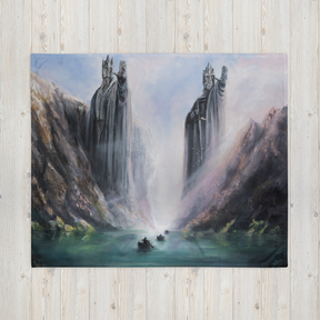 The Pillars Of Kings - Blanket by Aronja-Art, fantasy art traditional painting blanket with grey towers above blue water.