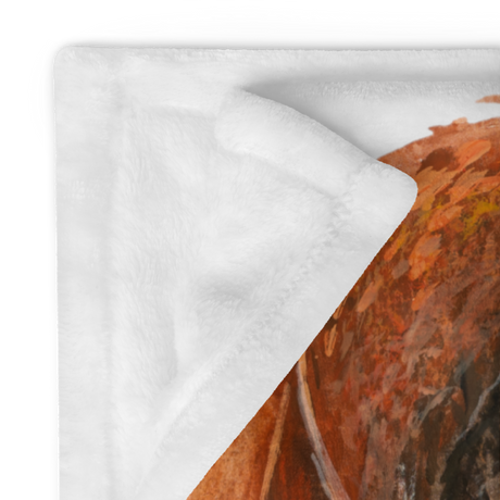 Dragonheart - Blanket by Aronja-Art, white fleece throw with orange dragon artwork detail and rounded edge.